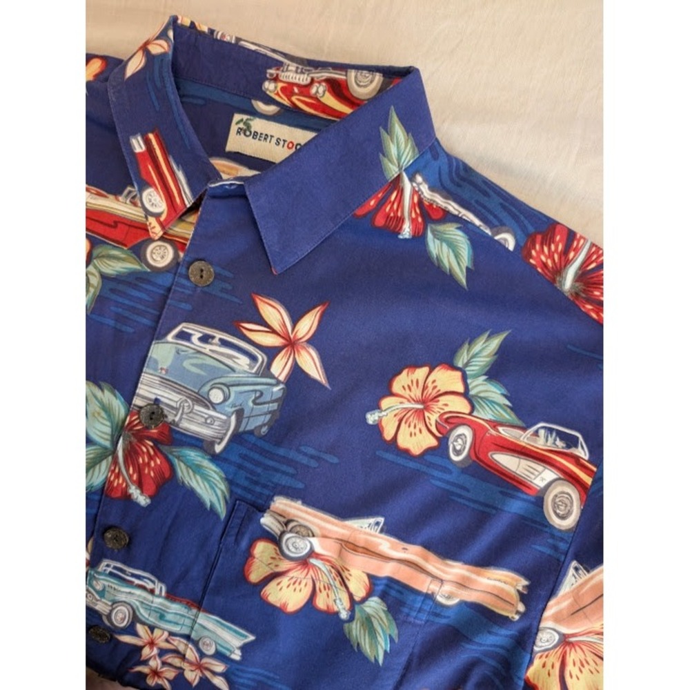 Robert Stock Aloha Shirt‎ Mens L Blue 1950s American Cars Hawaiian Tropical 90s
